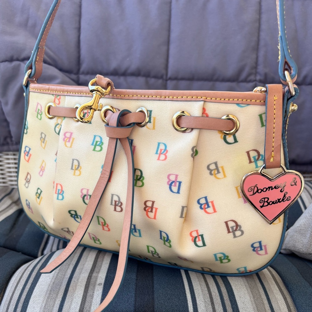 Dooney & Bourke Y2K 2000s Vintage Cream Multicolor Logo Mini Shoulder Bag